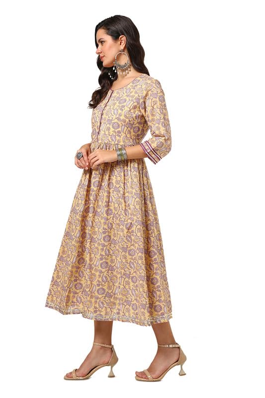Soch Womens Yellow Cotton Kalamkari Dress