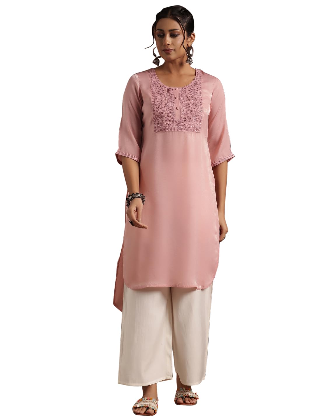 Libas WomenS Polyester Yoke Design Straight Kurta (29206 Peach