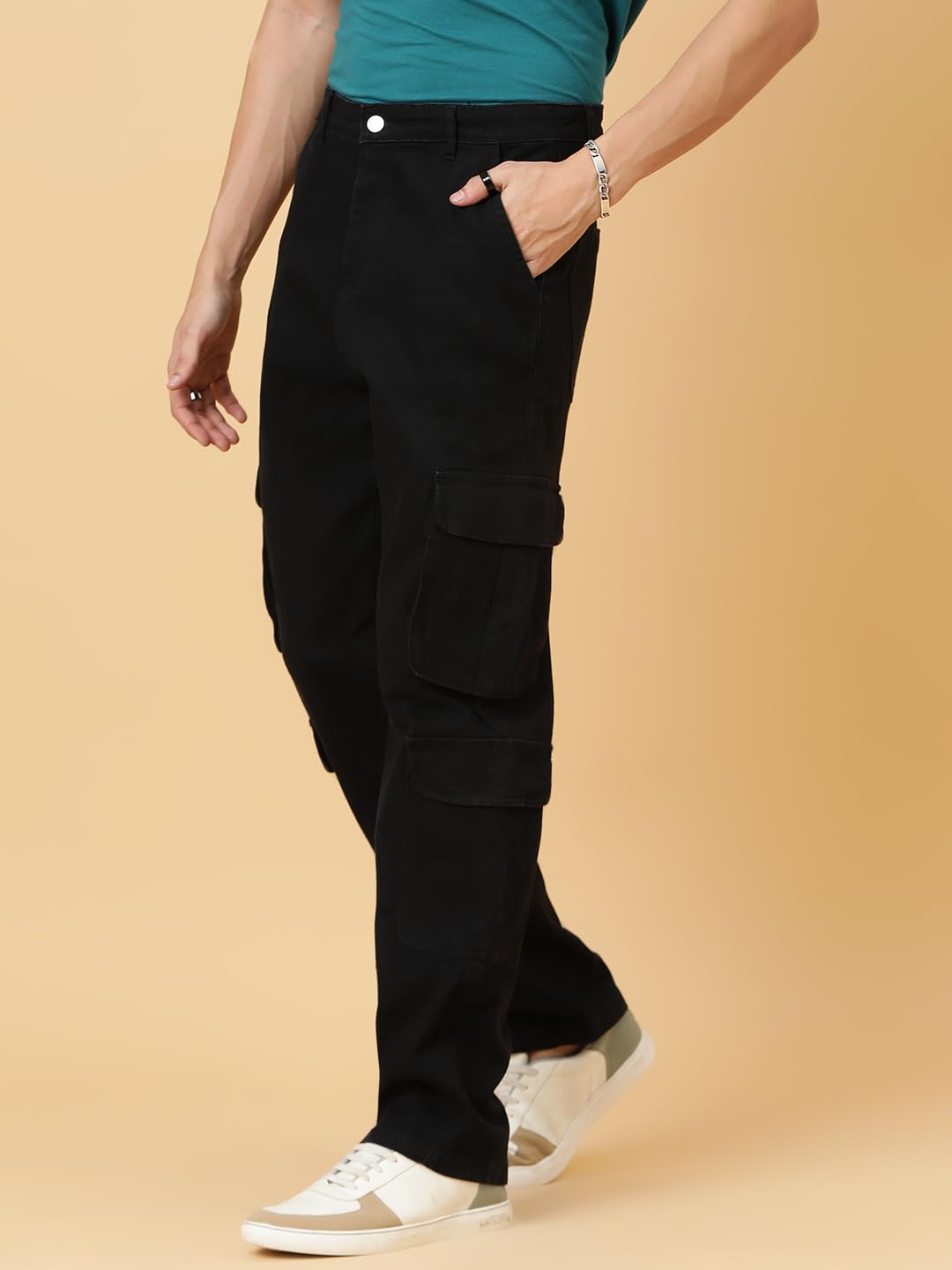 Kotty MenS Solid Mid Rise Straight Fit Stylish Looking Cargo Jeans(Black,28)