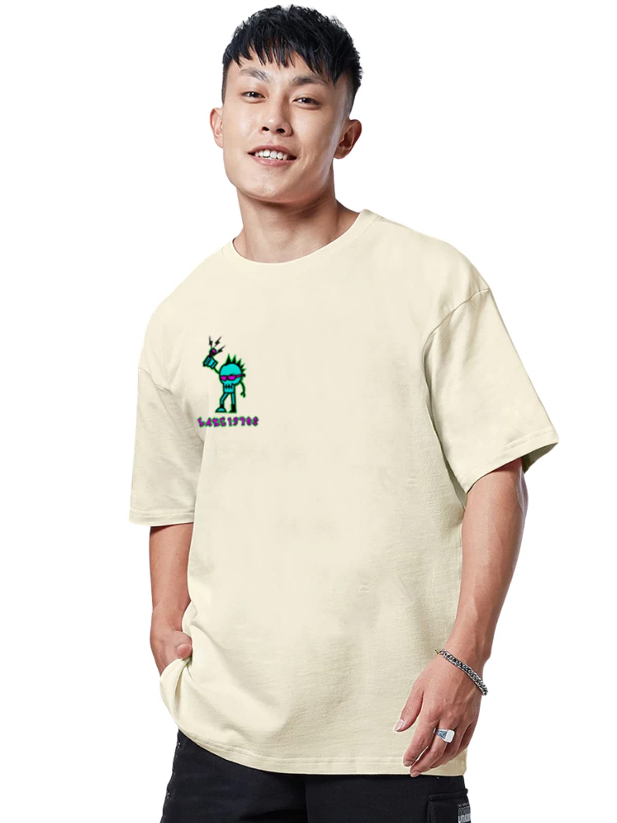 Veirdo Mens Oversized Cotton Crew Neck T-Shirt with Chest Print