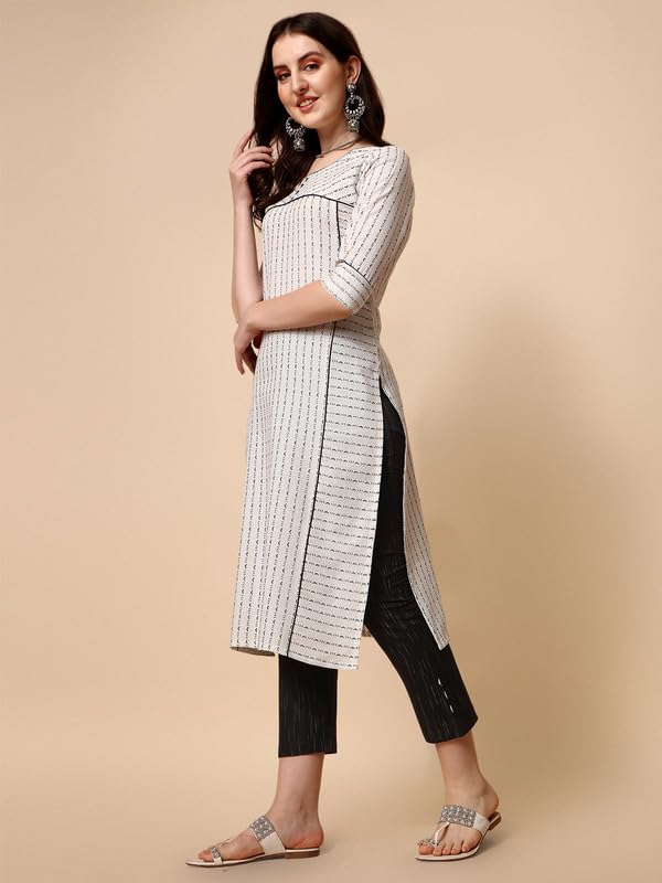 NAINVISH Women's Cotton Printed Straight Round Neck Kurta Pant with Dupatta (SD473_KBD_White)