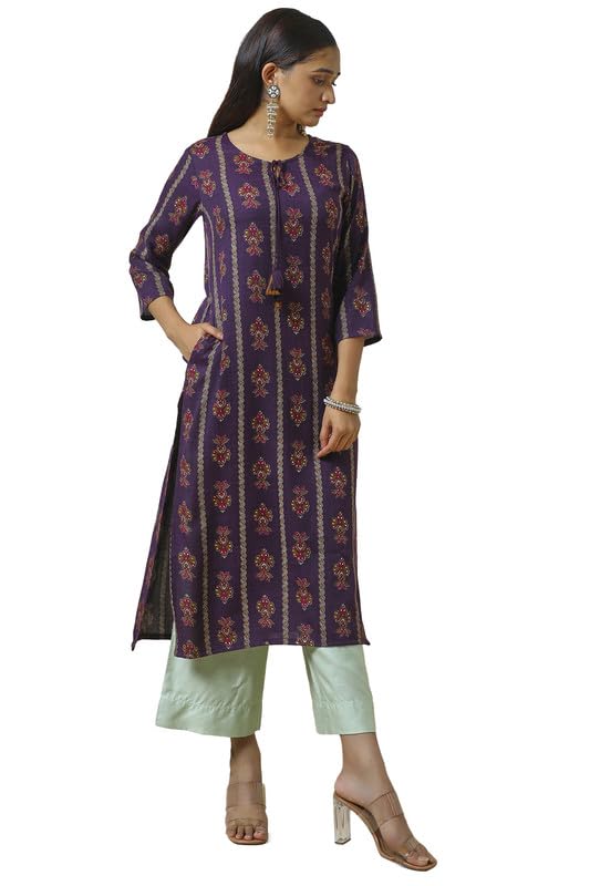 Soch Womens Purple Rayon Foil Print Kurta with Tassels