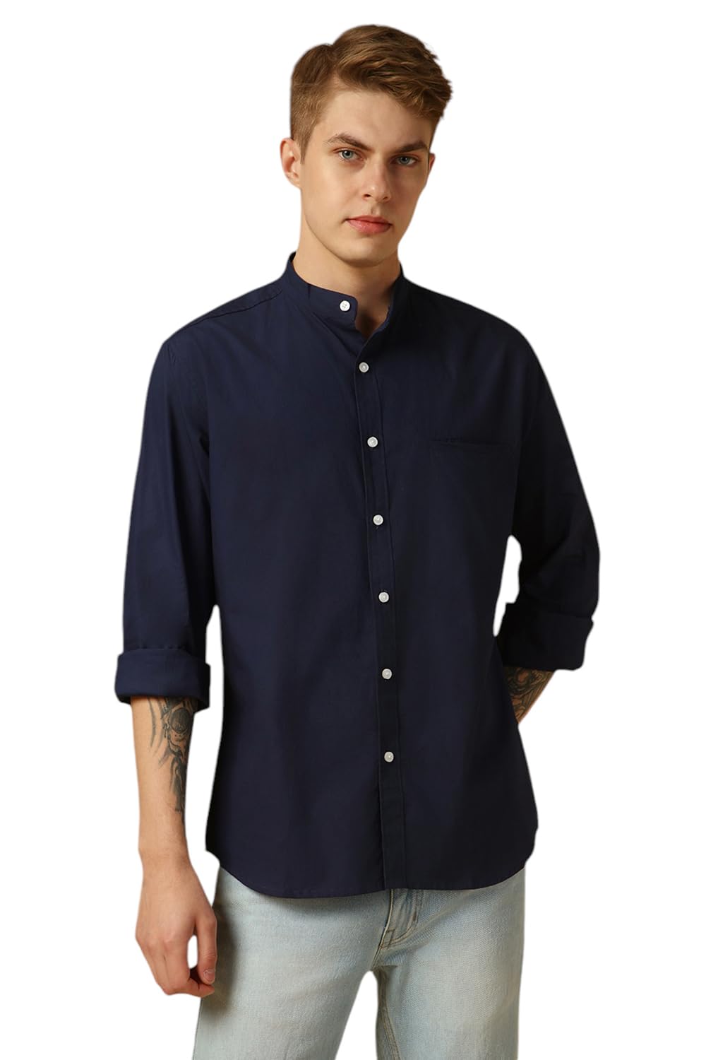 Dennis Lingo MenS Navy Blue Full Sleeve Mandarin Collar Solid Regular Fit Casual Shirt