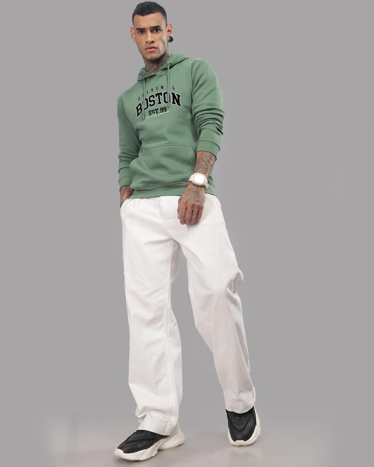 ADRO Men's Printed Hoodie - Cotton, Pista, Size 36, Model H24-BOST-PT