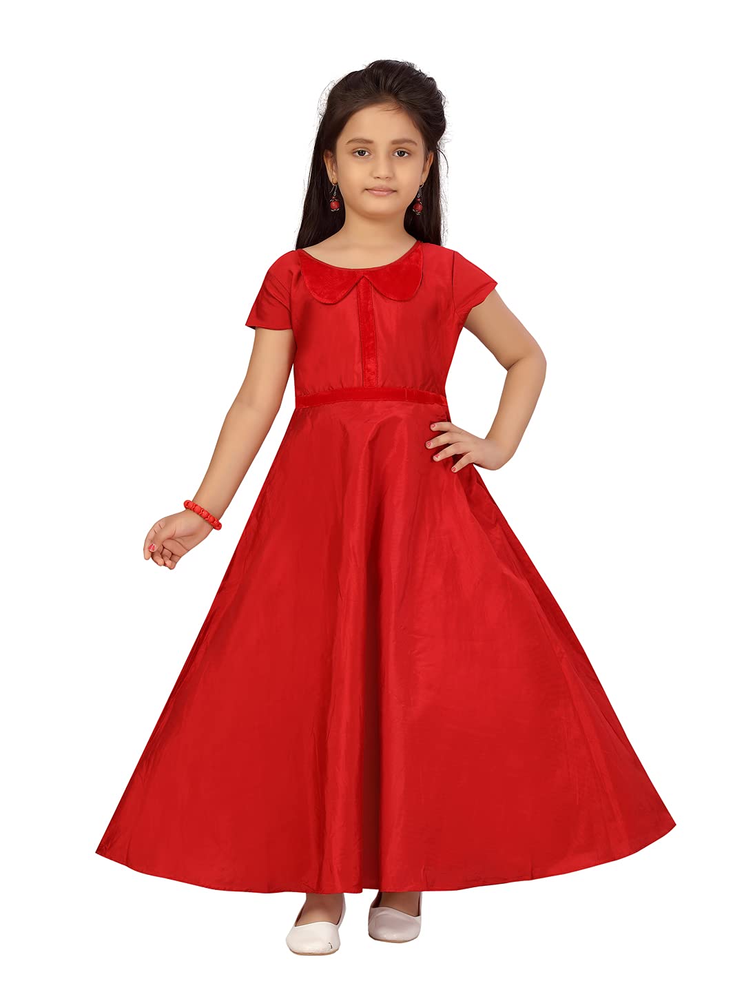 Aarika Girl's Cotton Blend Fit and Flare Maxi Dress (NV-G-21933_Red
