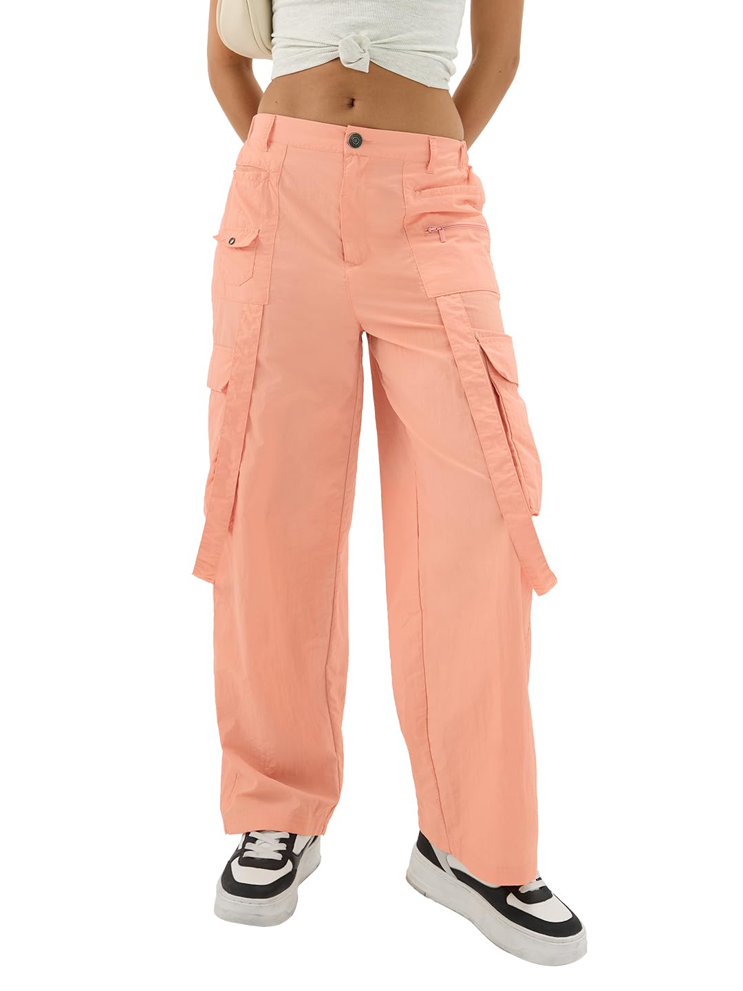 The Souled Store Coral Women and Girls Buttoned Solid Nylon Loose Fit Parachute Pants