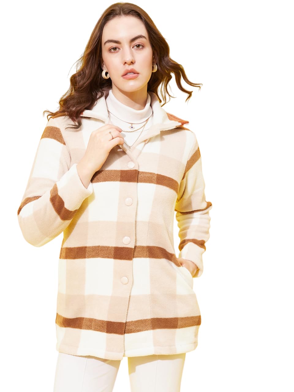 Modeve Women Checked Full Sleeve Coffee Jacket For Winter