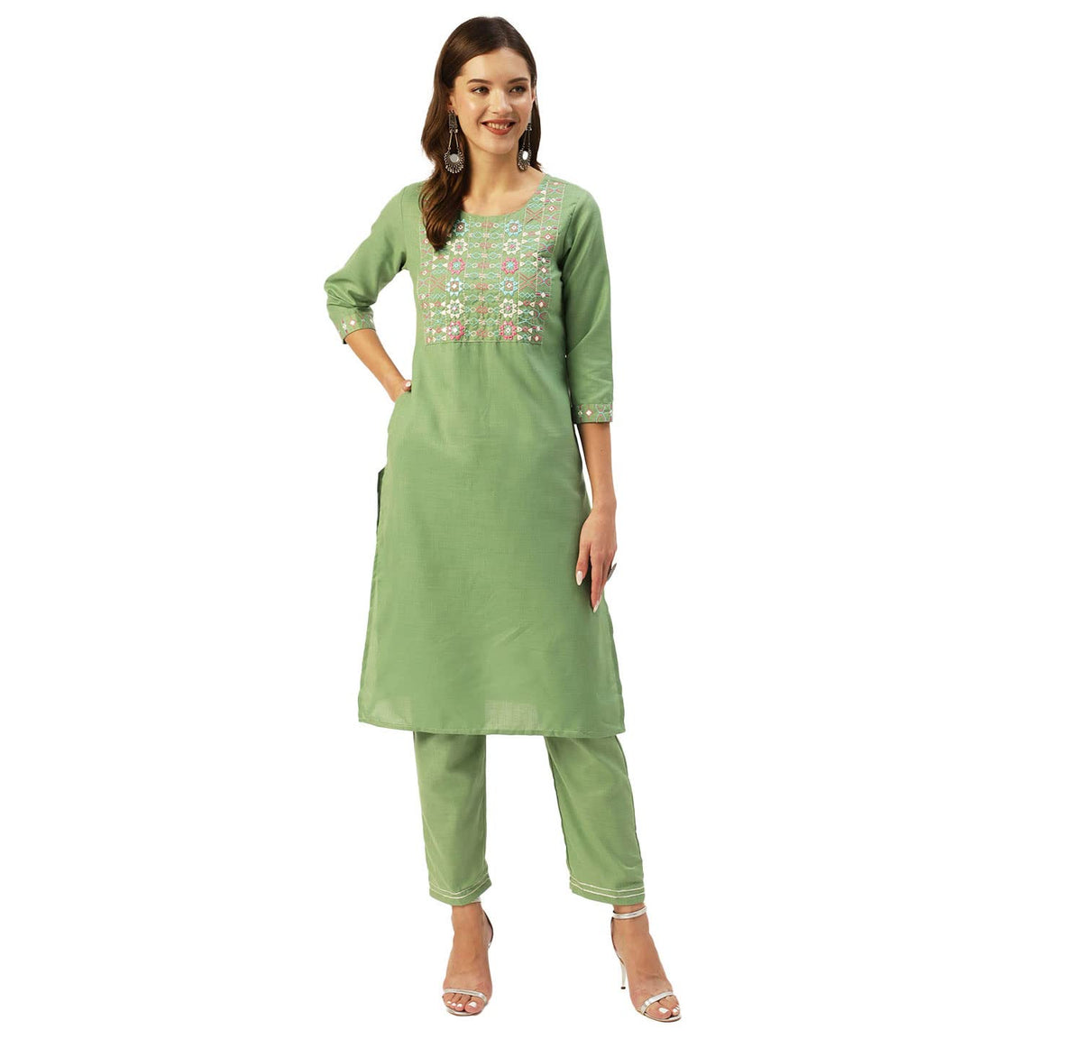 anubhutee Womens Cotton Blend Olive Green Mirror Work Ethnic Motifs Embroidered straight Kurta Suit Set With Pants