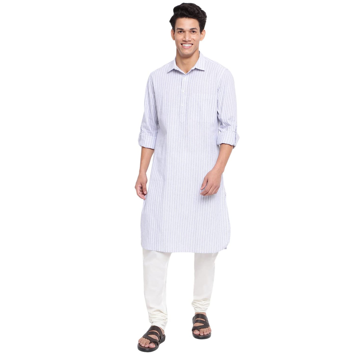 Fabindia Men's White Cotton Linen Striped Comfort Fit Pathani Kurta