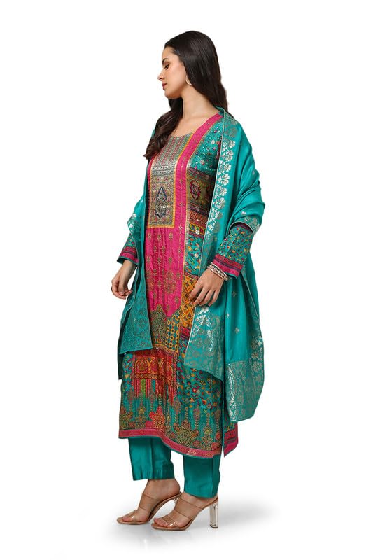 Soch Womens Teal Brocade Ethnic Motifs Suit Set With Faux Mirror And Sequins