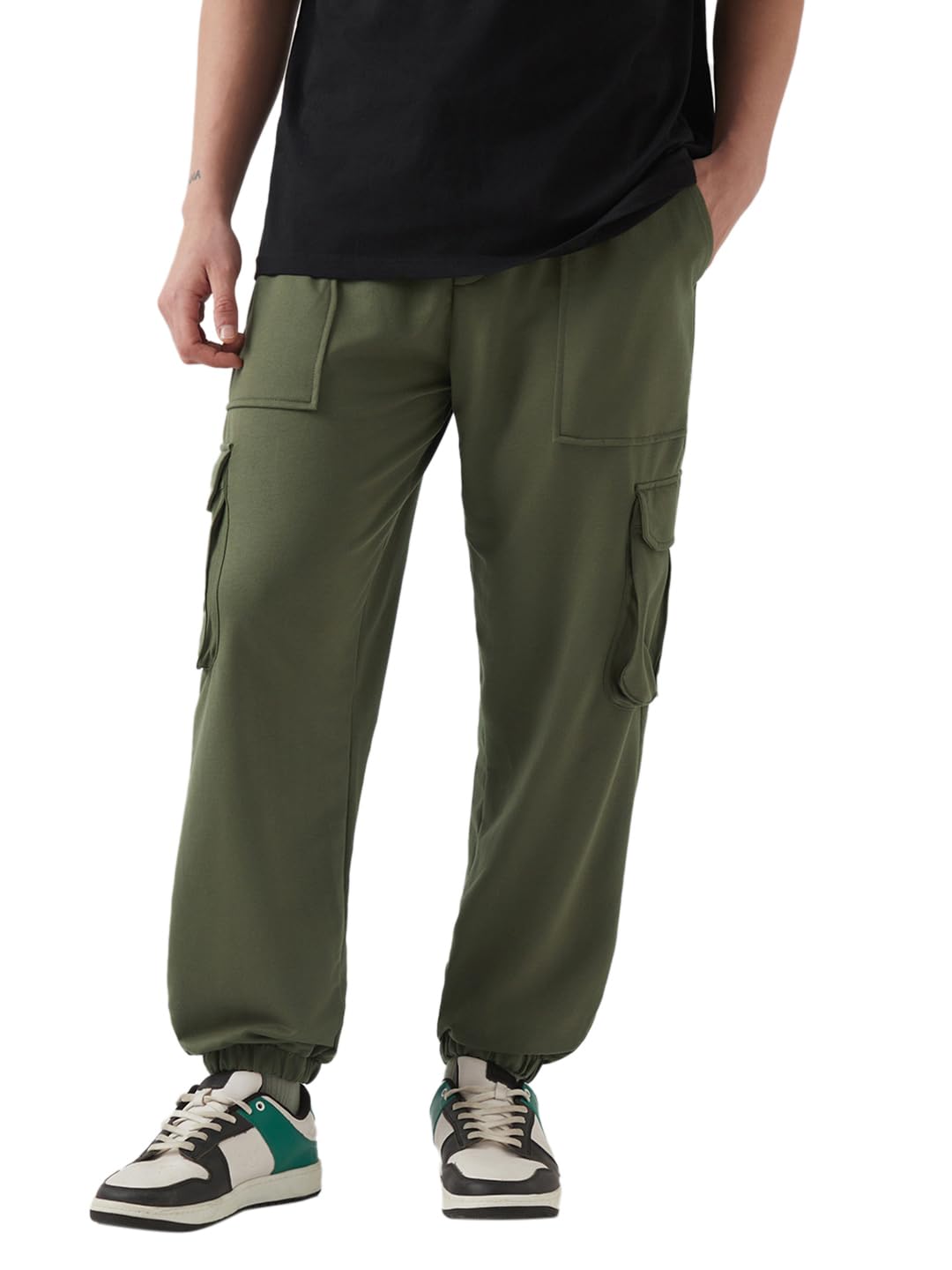 Bewakoof Air 1.0 Men Solid Oversized Fit Poly Cotton Cargo Joggers_646425_Green_XL