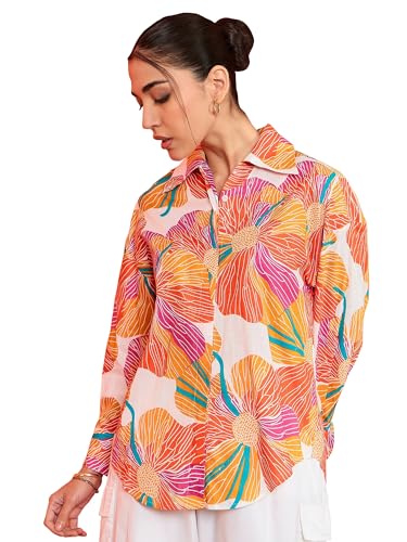 Sugathari Womens Orange Print Sunset Floral Oversized Cotton Shirt Casual Vacation Wear with Balloon Sleeves & Button-Down Fro