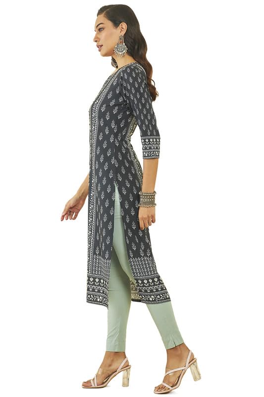 Soch Womens Black Muslin Botanical Print Kurta with Sequins