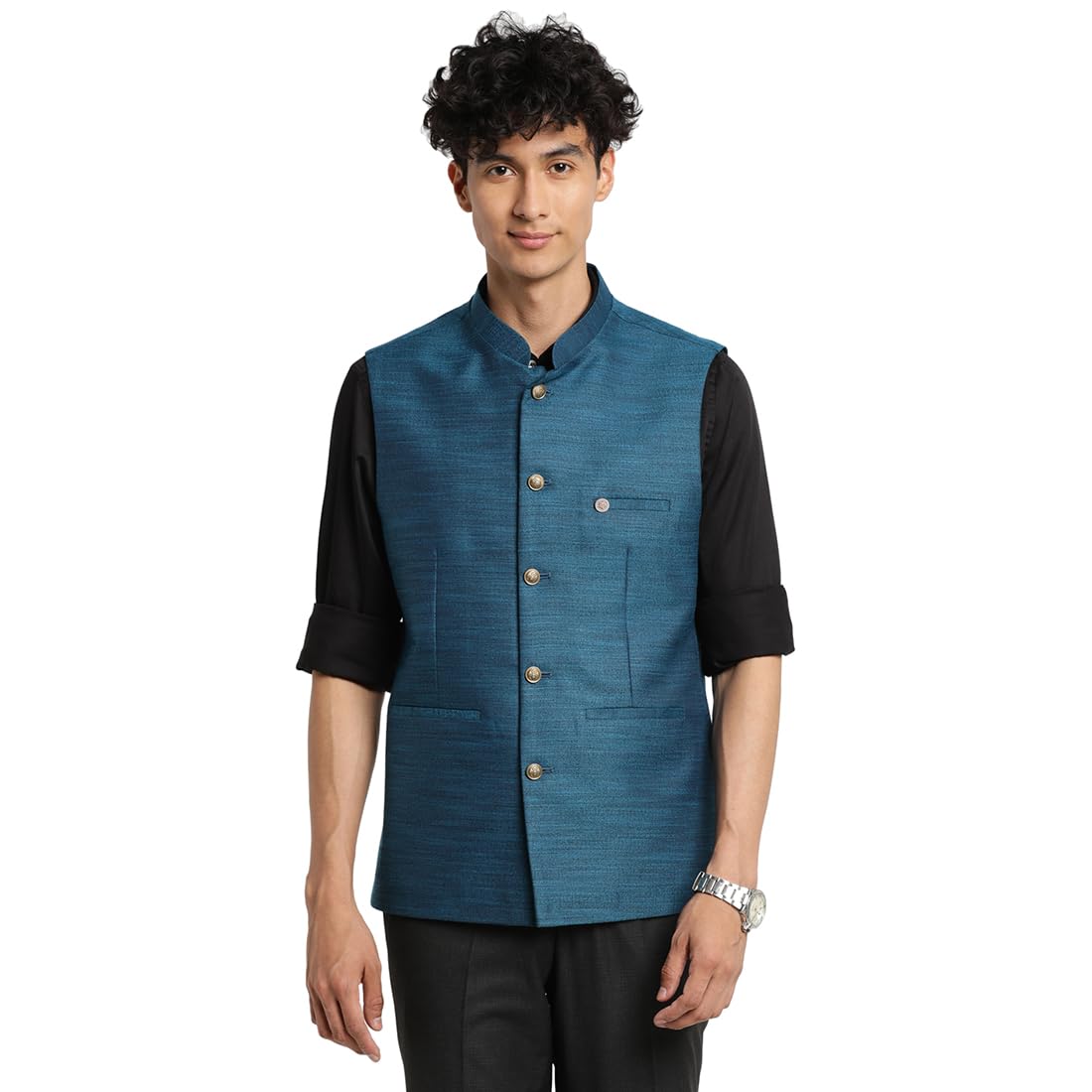 Turtle Men Poly Viscose Teal Blue Solid Party Nehru Jacket