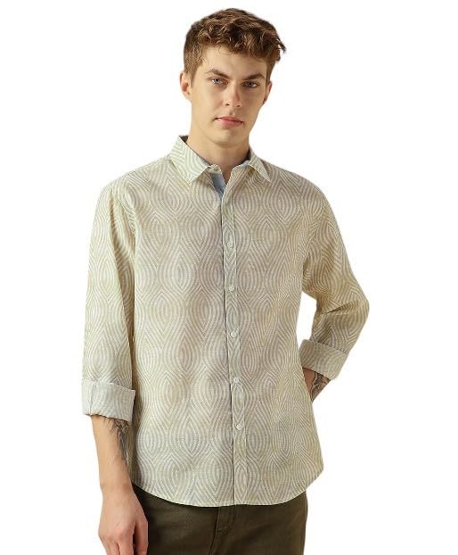 Dennis Lingo MenS Beige Cotton Spread Collar Long Sleeves Printed Shirts