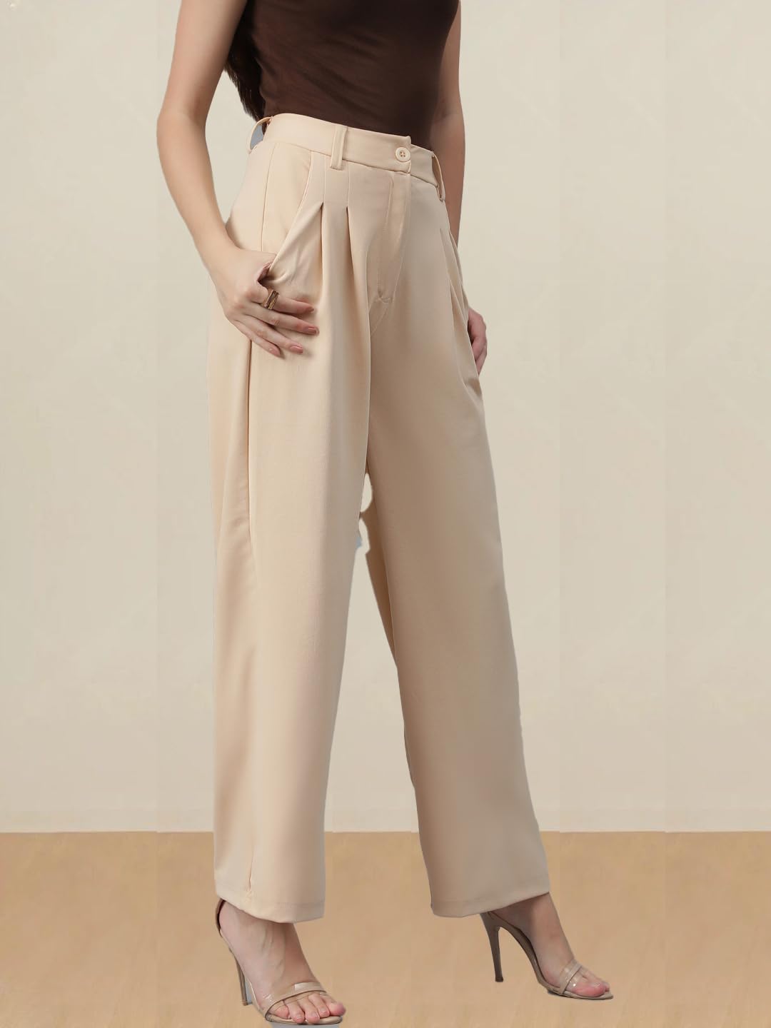 Kotty Regular Fit Women Solid Trousers Tan Beige