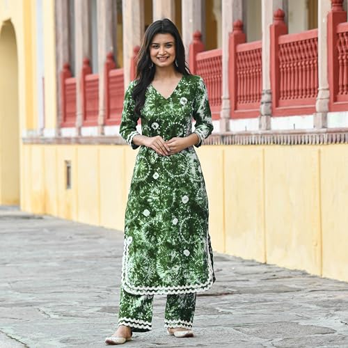ANNI DESIGNER Women's Cotton Blend Printed Straight Kurta with Palazzo Set (Hand Block Green_S_Green_Small)