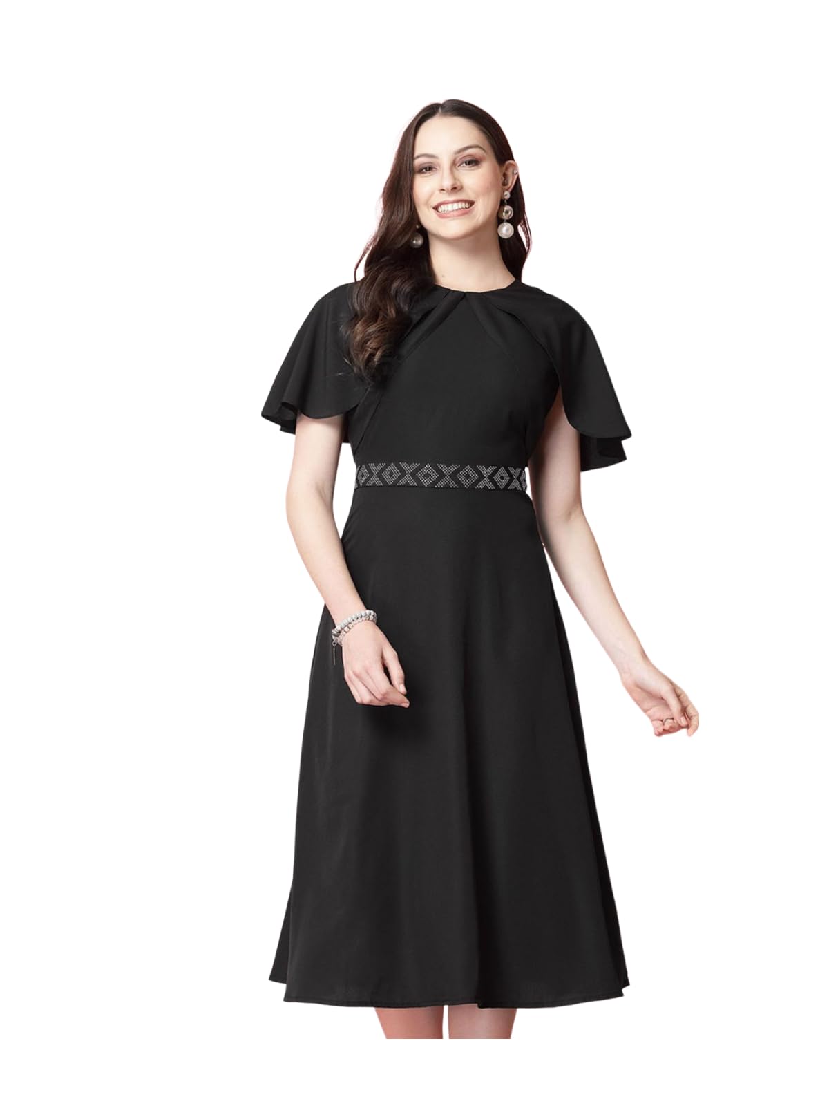 Selvia WomenS Western Dress | Stone Work Flutter Sleeve Crepe Western Dress For Women | Round Neck A-Line Dress For Women | One