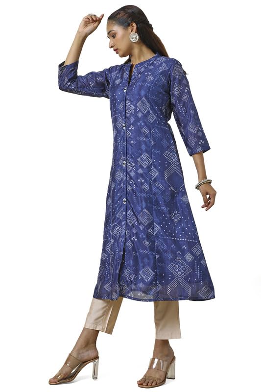 Soch Womens Navy Blue Art Silk Abstract Print Kurta with Beads
