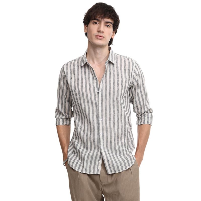 Campus Sutra Mens Charcoal Grey Heathered-Stripe Shirt for Casual Wear | Spread Collar | Long Sleeve | Button Closure | Shirt C