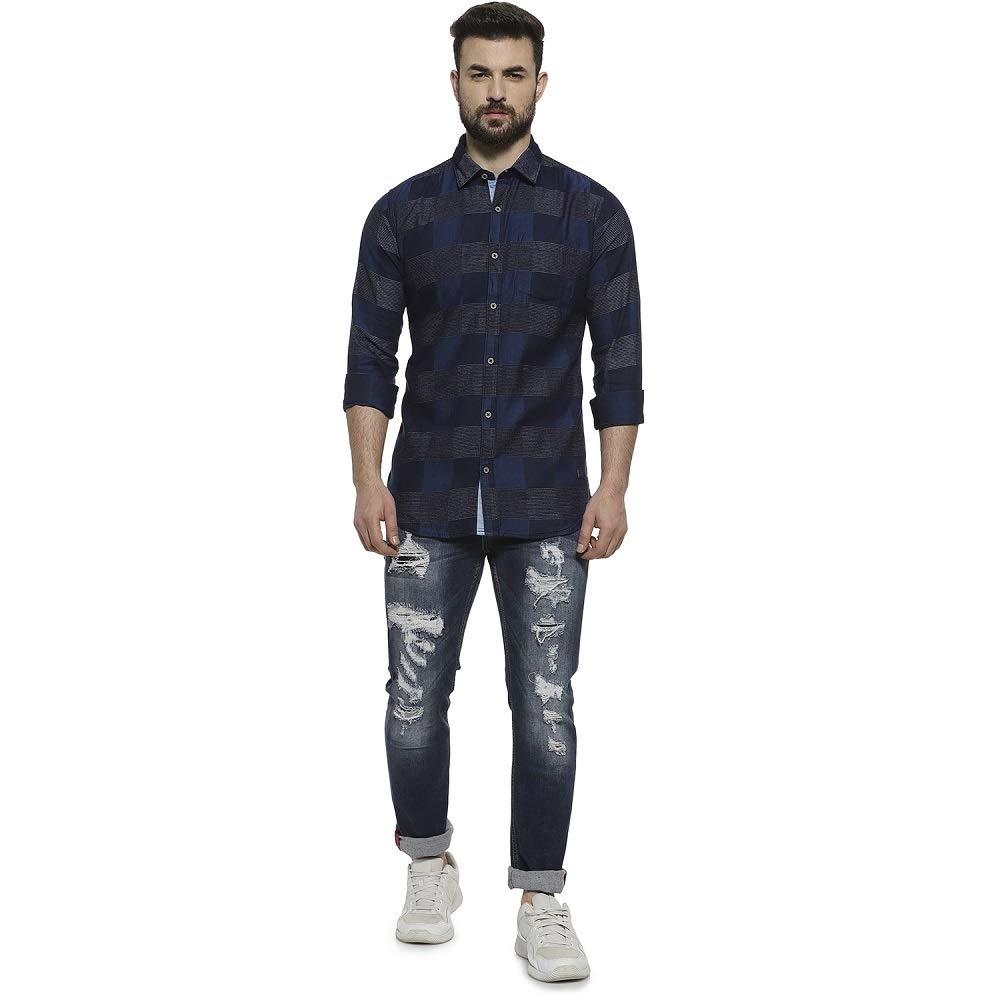 Campus Sutra Mens Denim Blue Buffalo Checked Shirt for Casual Wear | Spread Collar | Long Sleeve | Button Closure | Cotton Shir