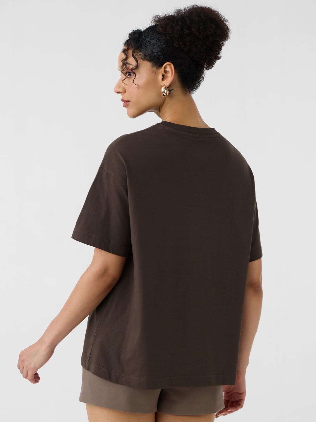 The Souled Store Solids: 100% Cotton Deep Brown Women & Girls Short Sleeve Round Crew Neck Oversized T-Shirts