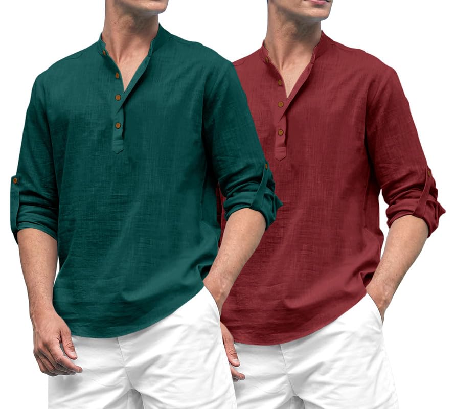 ROYALSCOUT Combo of Mens Solid Cotton Blend Full Sleeve Straight Kurta Shirt (Pack of 2) Green-Maroon