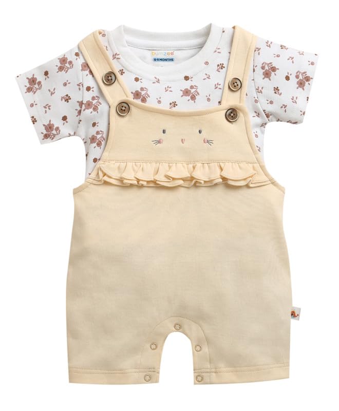 Bumzee Baby Girls Cotton Round Neck Half Sleeves Floral Print Dungaree Set With Inner Tee Coral & Yellow - 6-9 Months (Peb11214D