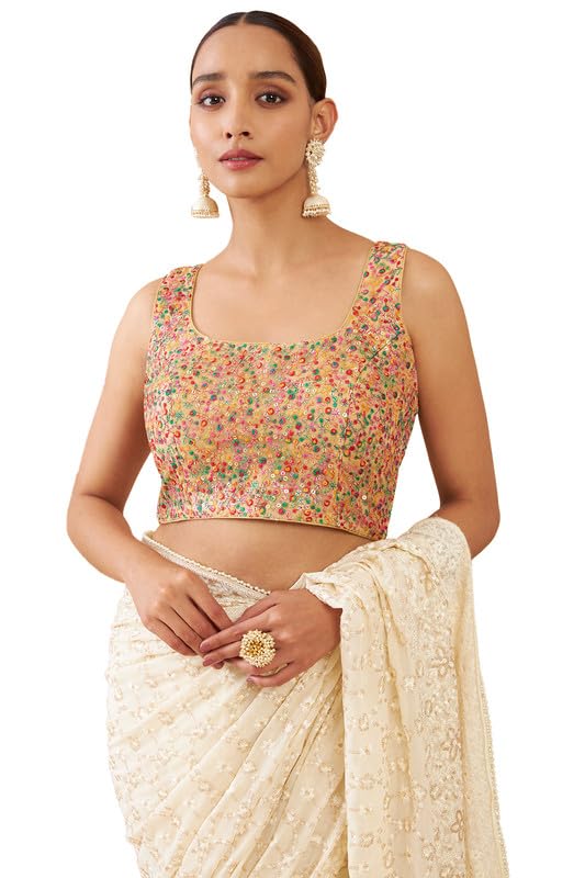 Soch Womens Beige Organza Sleeveless Blouse With Embroidery And Sequins