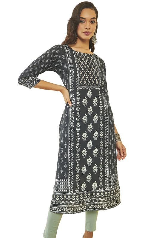 Soch Womens Black Muslin Botanical Print Kurta with Sequins