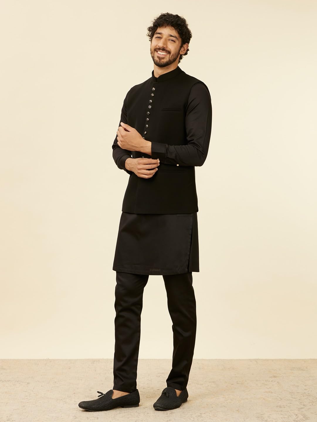 Manyavar Black Blended Rayon Solid Jackets For Men