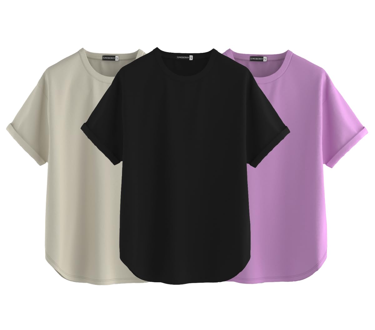Juneberry Pure 100% Cotton Oversized Loose Baggy Fit Round Neck With Drop Shoulder Black & Swanwhite & Lilac Half Sleeves Boyfri