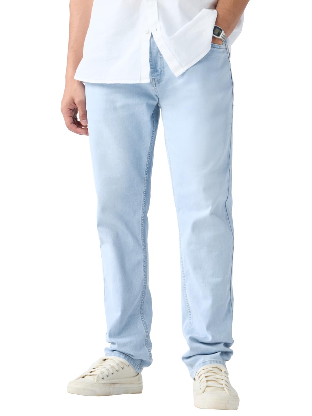 The Souled Store Slim-Fit Denim: Frost Blue Men and Boys Buttoned Solid Cotton Slim Fit Jeans
