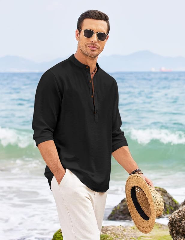 Royalscout MenS Regular Fit Solid Cotton Blend Straight Short Kurta | Full Sleeves Kurta Black