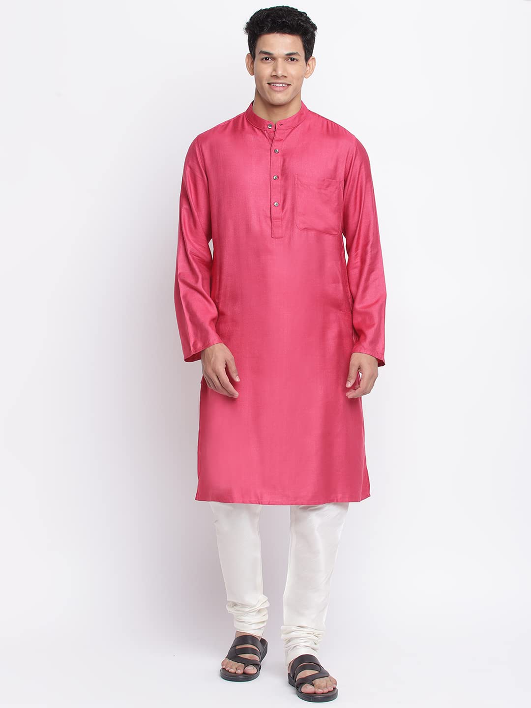 Fabindia Men Viscose Silk Woven Slim Fit Long Kurta Pink_S