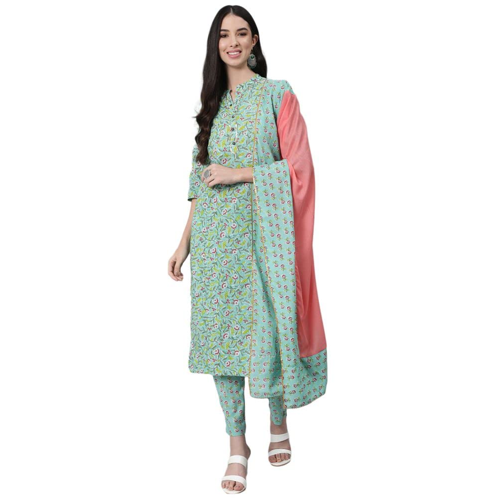 anubhutee Womens Cotton Floral Printed Sequinned Straight Kurta suit set with Dupatta & Pants