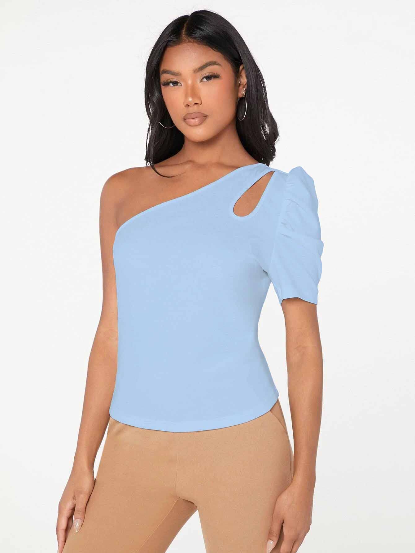 Shasmi Womens & Girls Sky Blue Short Puff Sleeve, One Shoulder Neck, Ruched Bust Solid Tops for Women/Tops, T-Shirts for Girls