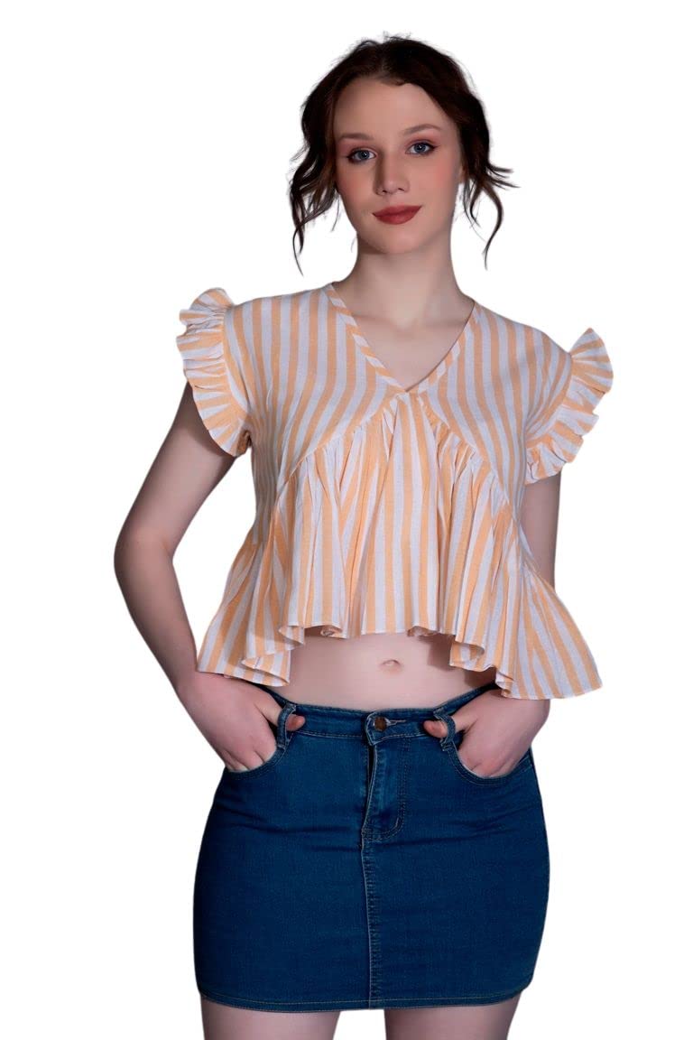 Leriya Fashion WomenS Western Crop Tops | Fancy Stripped With Ruffle Sleeves | Button Down Lightweight Cotton For Girls | Suita