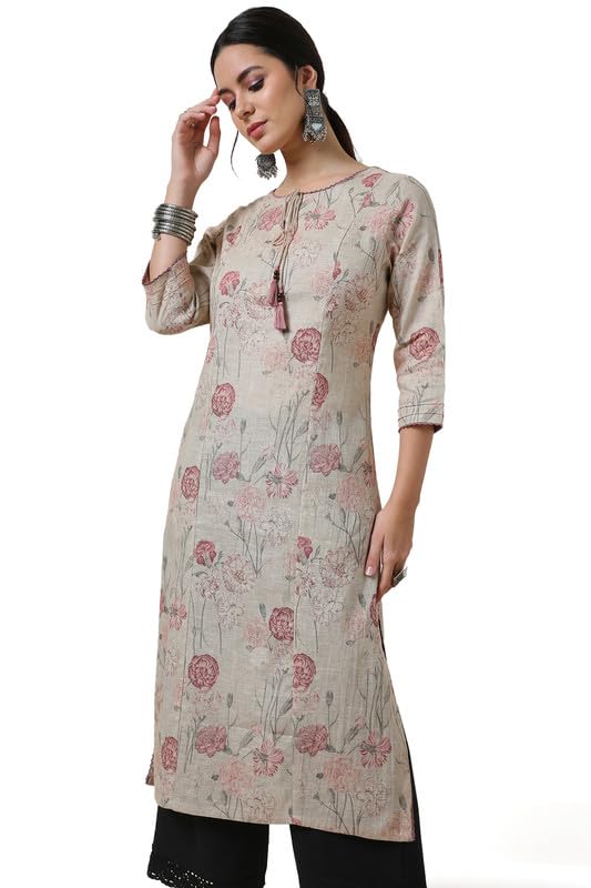 Soch Womens Beige Linen Floral Print Panelled Kurta with Tassels