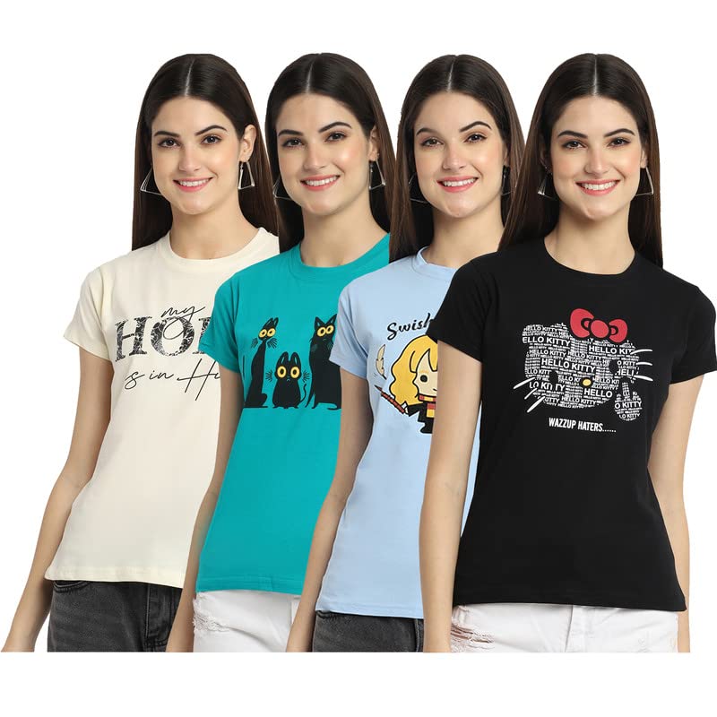 Preneum Womens Cotton Regular Fit Latest Graphic Stylish Printed Short Sleeves Casual T-Shirt || Latest Style (Pack 4), Beige &