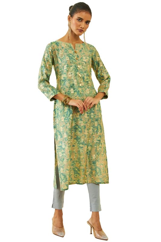 Soch Womens Pink Muslin Floral Foil Print Straight Kurta with Pocket