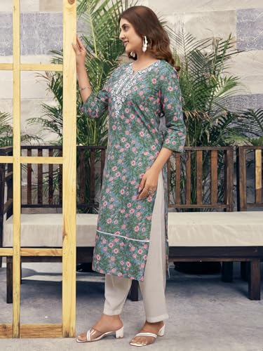 Sanisa Women's Cotton Floral Printed Chikankari Embroidered Straight Kurti