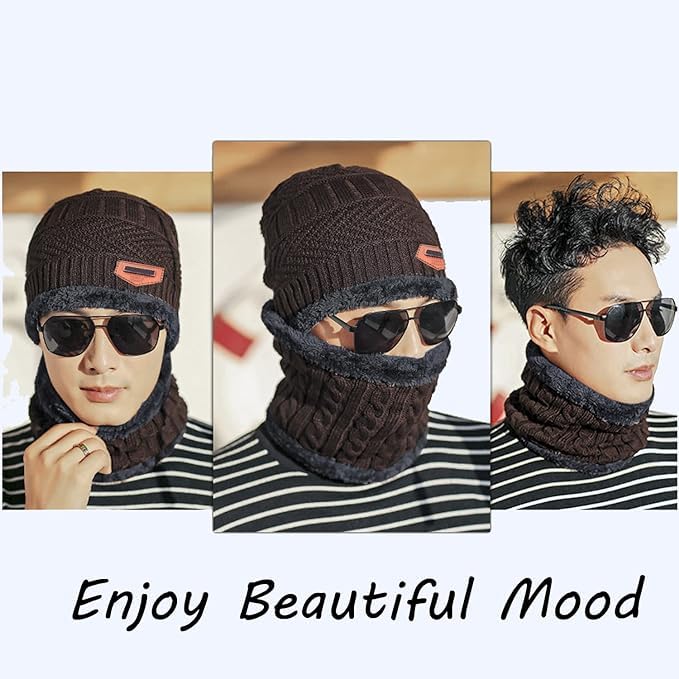 Digital Shopee Winter Knit Beanie Set Of Cap Hat Neck Warmer Scarf And Woolen Gloves Set Skull Cap For Men/Women - (Black, 3 Pie