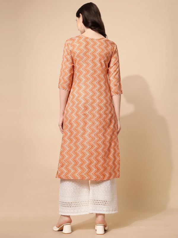 Nainvish Womens Cotton Blend Straight V-Neck Printed Kurta (Sd421_K-M._Orange)