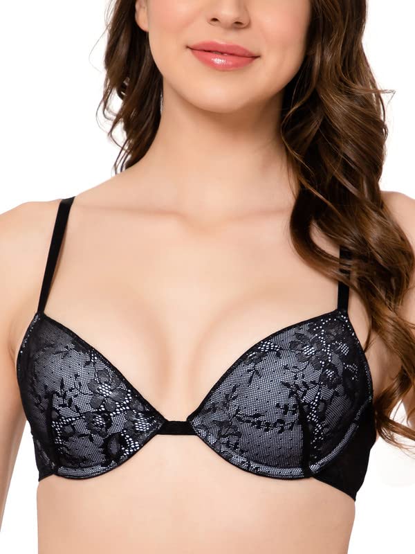 Clovia Womens Lace Solid Padded Demi Cup Underwired T-Shirt Bra (BR2377Q13_Black_32D)