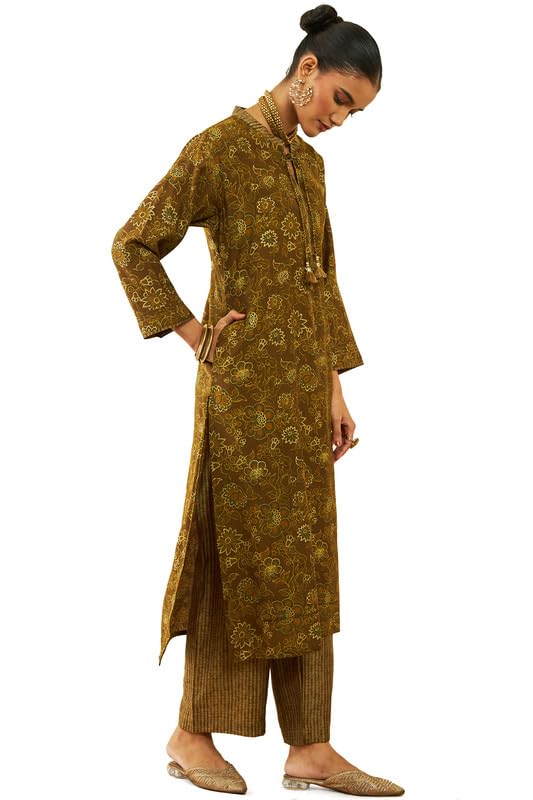 Soch Womens Brown Muslin Floral Print Straight Kurta Set with Neck Tie-Up