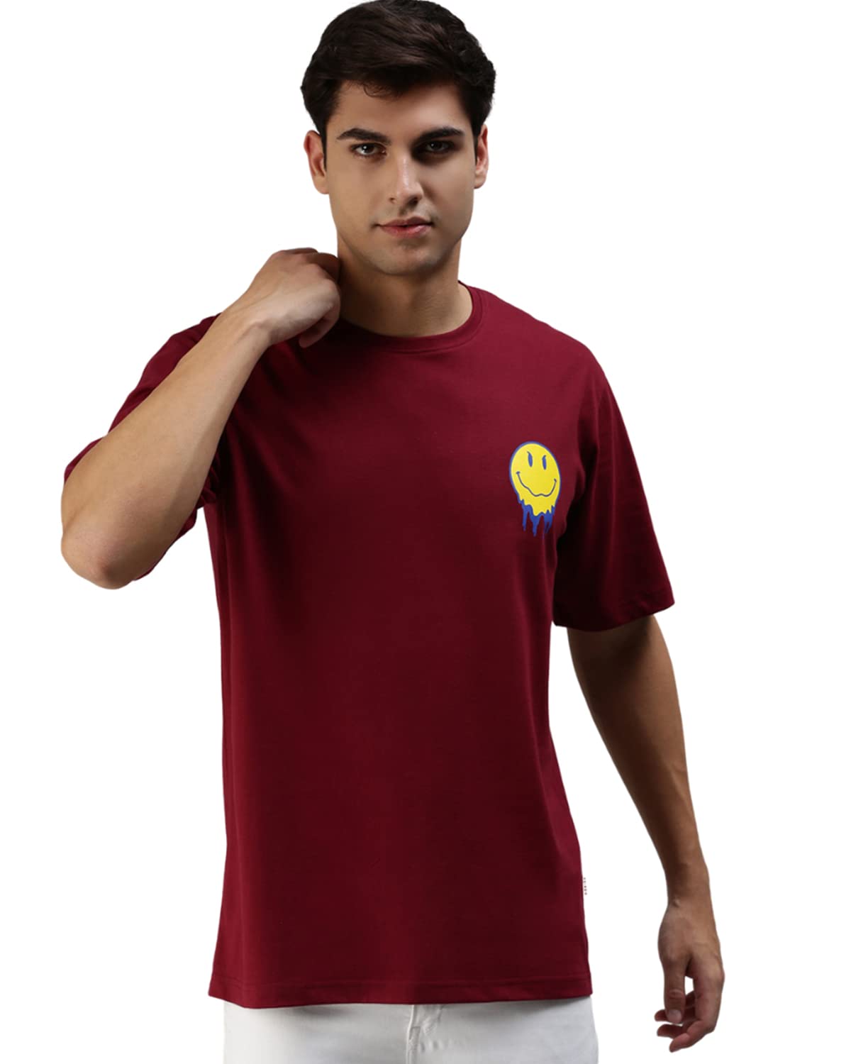 Veirdo Mens Oversize Loose Baggy Fit Drop Shoulder and Pocket Print Design Short Sleeve Marron T-Shirt