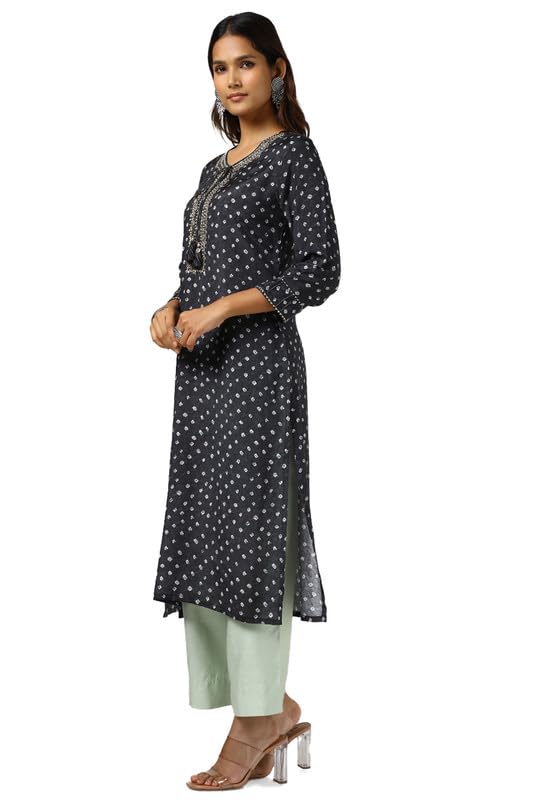Soch Womens Black Viscose Muslin Bandhani Print Kurta with Beads and Stones
