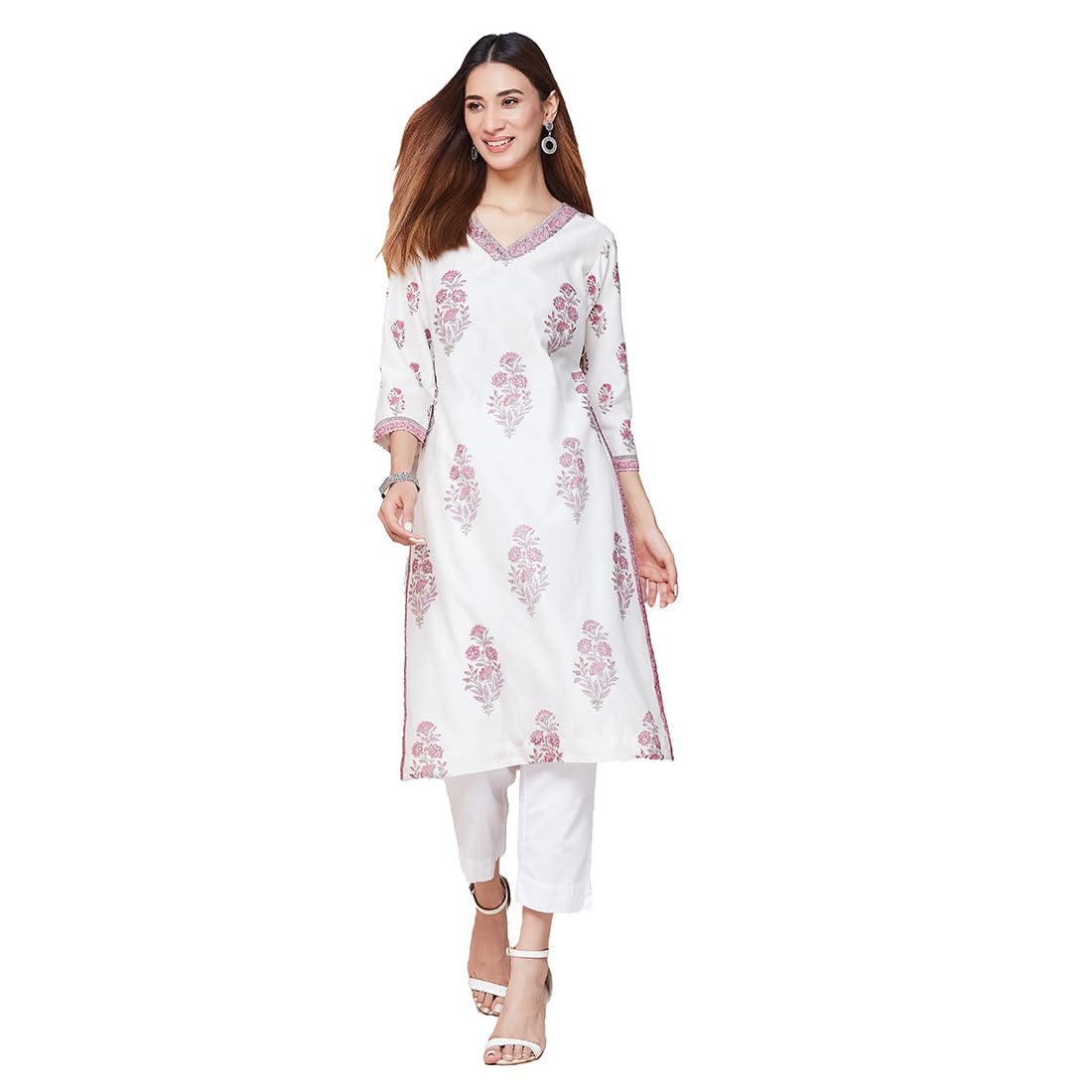 Fabindia WomenS Cotton Silk Printed Regular Kurta (1037300White- White-Purple