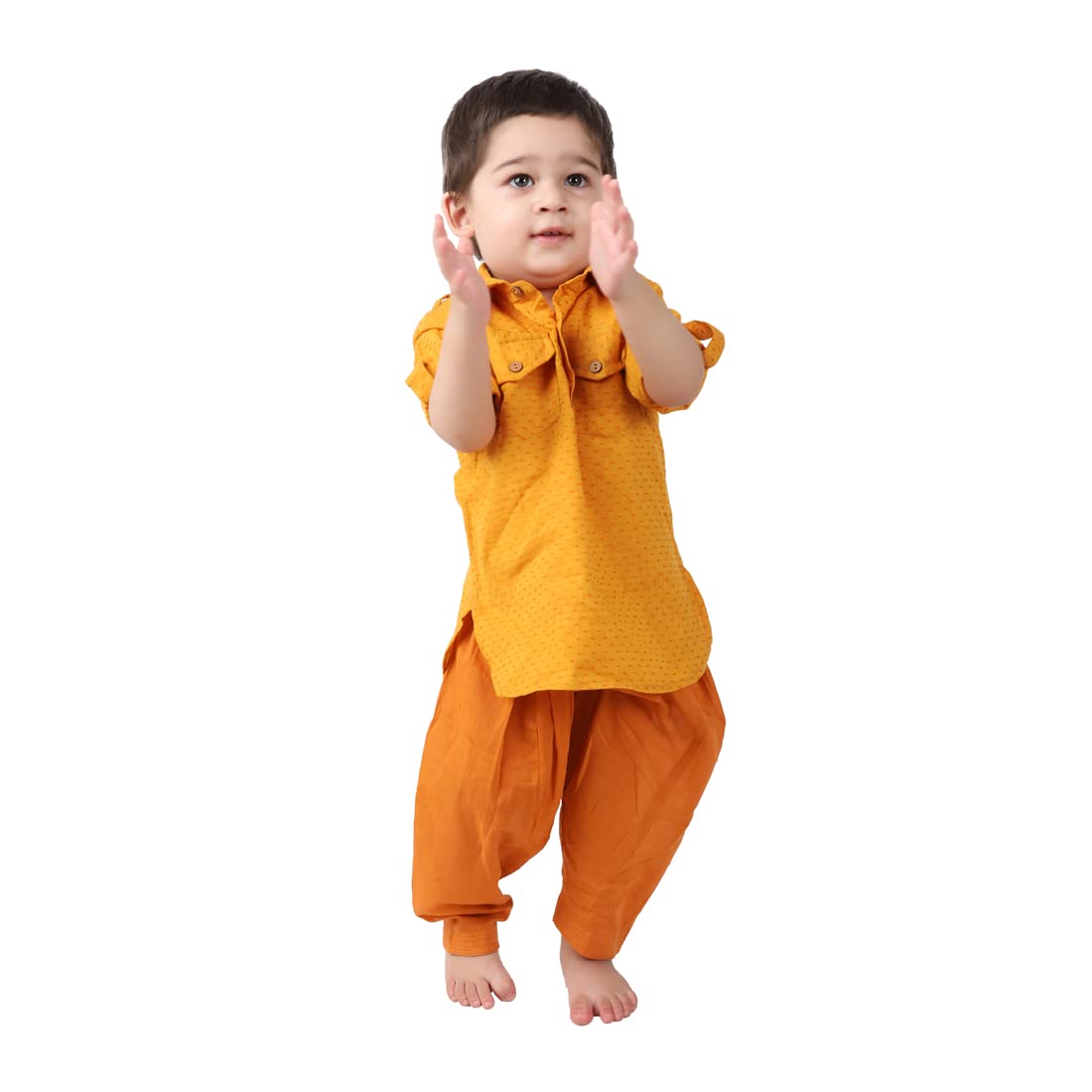 Fabindia Kids Cotton Dobby Kurta Set Yellow_18-24M